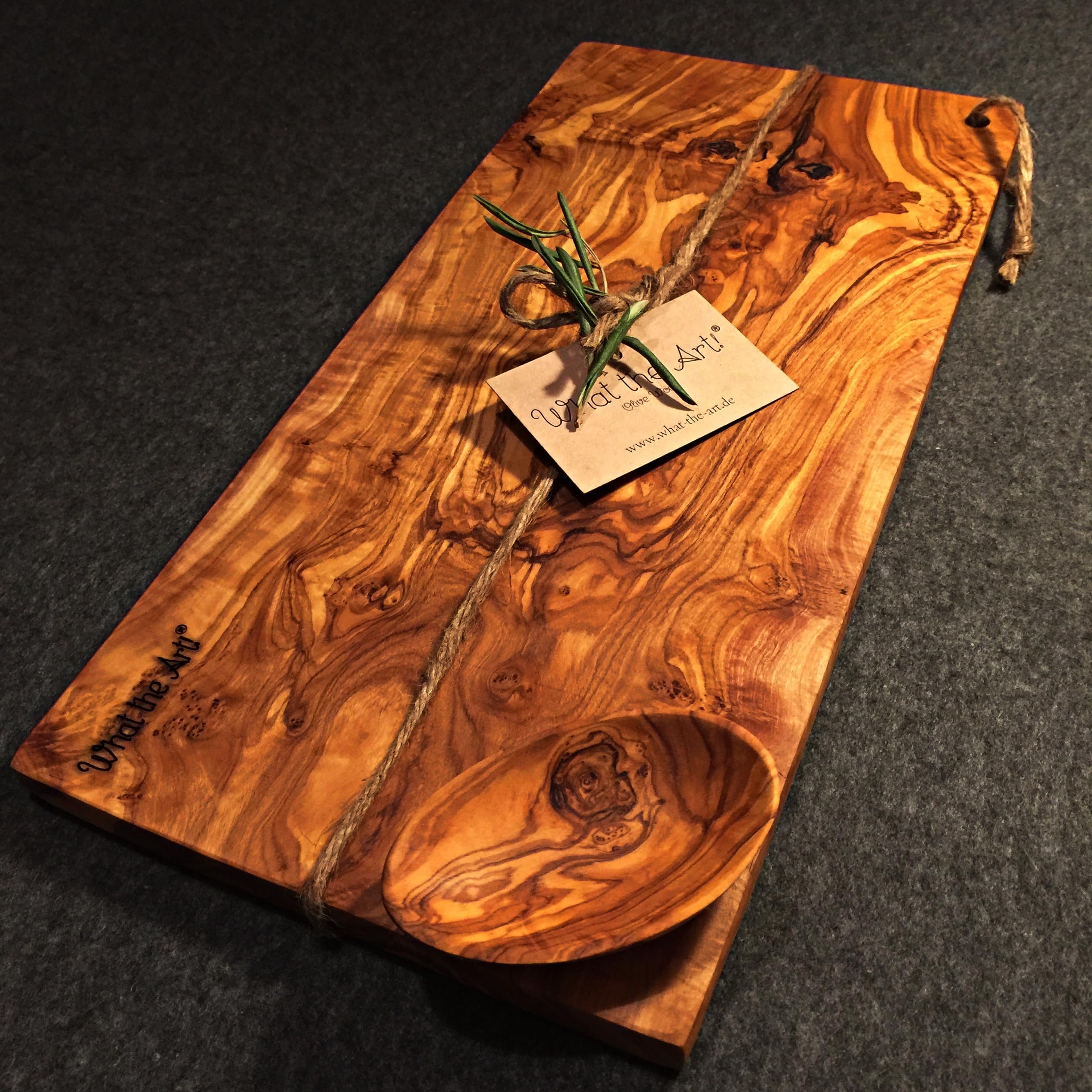What the Art!® Olive Wood «Karo» L | Tagliere in legno d'ulivo + ciotola per salse + regalo | 35 x 16 x 2 cm