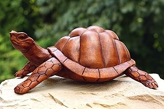 G6 Collection 12" Large Wooden Tortoise Turtle Statue Hand Carved Sculpture Wood Decorative Home Decor Accent Figurine Handcrafted Handmade Rustic Seaside Tropical Nautical Ocean Coastal Decoration