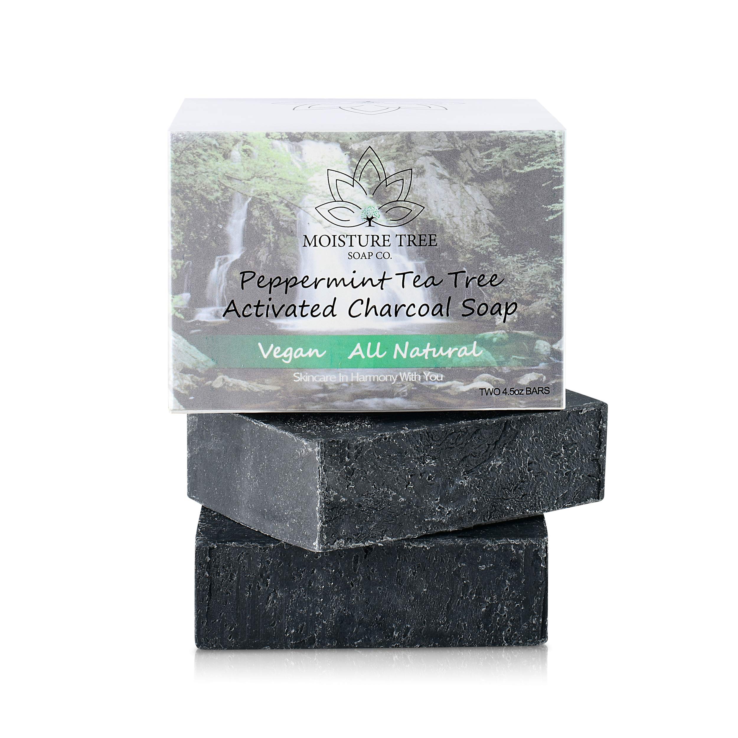 Peppermint and Tea Tree Oil Charcoal Soap Bar (2 Pack), Cleansing Soap for Men and Women, Paraben and Sulfate Free Facial Cleanser, Vegan, Organic, Cruelty Free 4.5oz Soap Bars by Moisture Tree