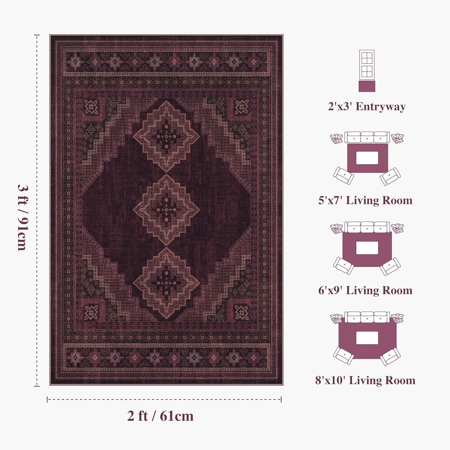 2x3 Area Rug - Washable Ultra-Thin Kitchen Rug Vintage Indoor Doormat with Non-Slip Backing - Soft Rug for Entryway, Bedroom, Kitchen, Bathroom Red Burgundy