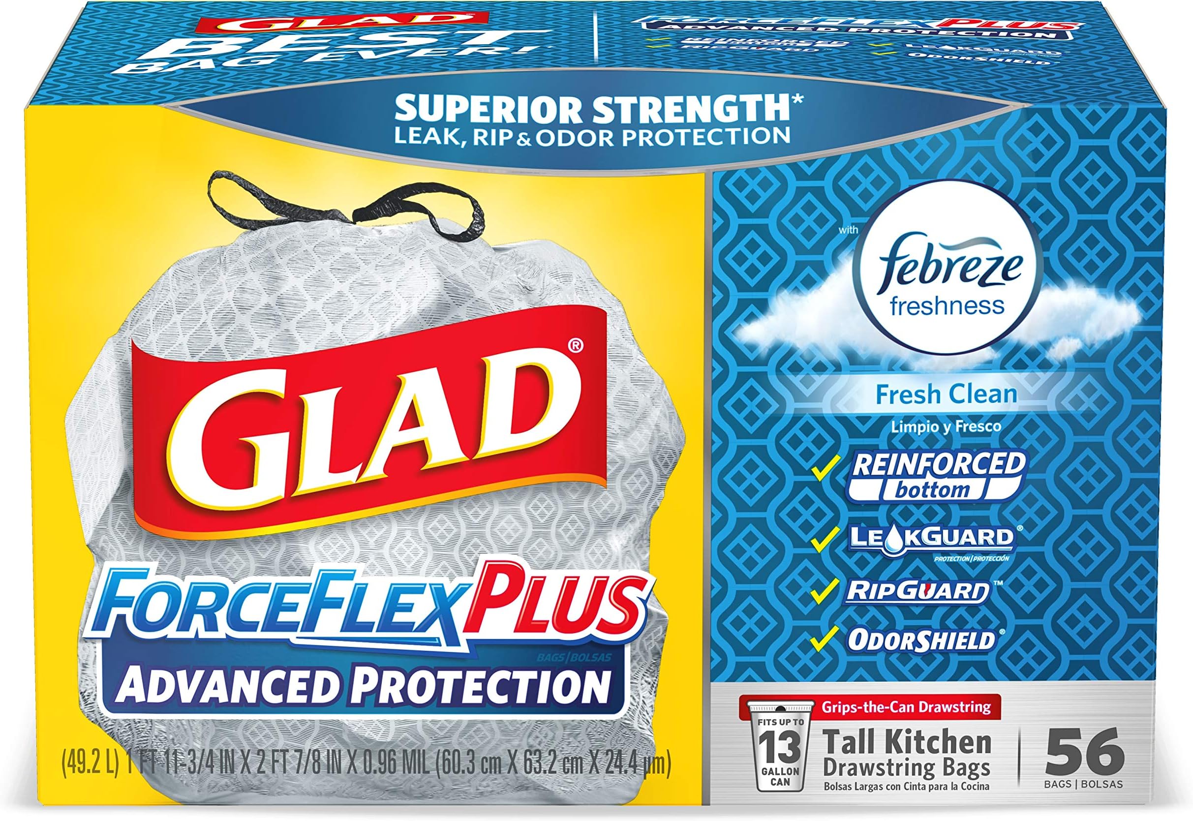 Glad Trash Trash Bags, 13 Gallon, 56 Count