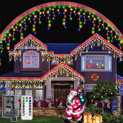 Ollny Luces de carámbano multicolor para exteriores, 600 luces LED de Navidad de 49 pies con control remoto, 8 modos regulables, temporizador