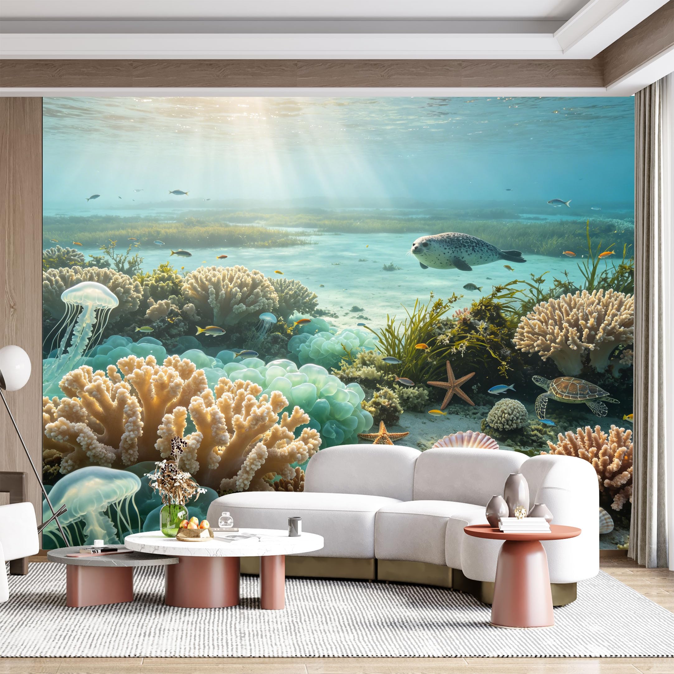 Custom Size Wall Mural Underwater Ocean Coral Reef Seascape Marine Life Sealife Panoramic Watercolor SelfAdhesive Wall Fabric Removable for Home Office Decor
