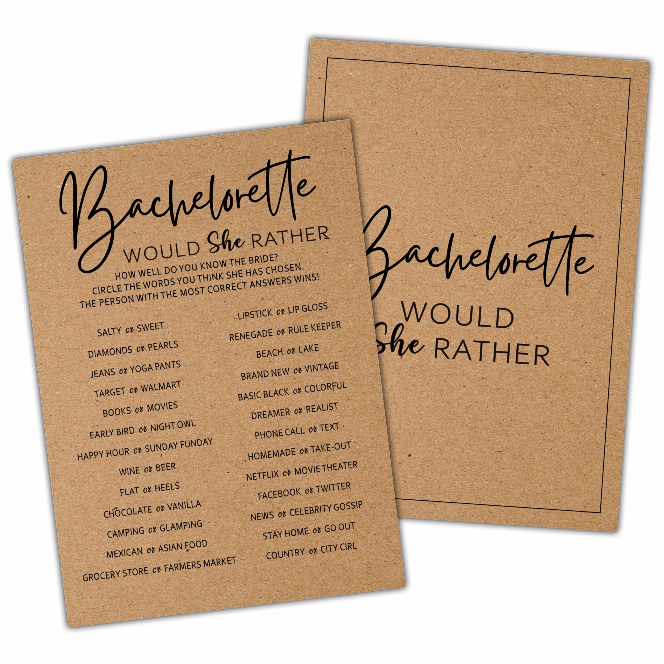 Bachelorette Party Games, Would She Rather Kraft Rustic Bridal Shower Game Card, Wedding/Engagement Party Ideas Activities Supplies Decorations(25 Cards) -A06
