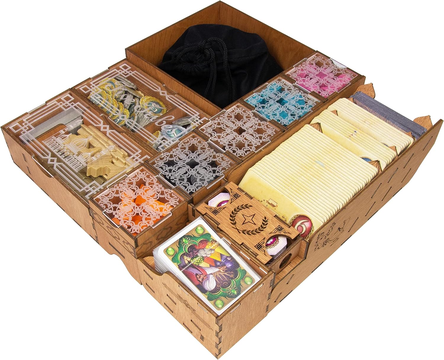 SMONEX Organizer Insert Compatible with Five Tribes and All Expansions - Ideal Board Game Organizer for Vertical Storage - Laser Engraved Insert Suitable for The 5 Tribes Board Game