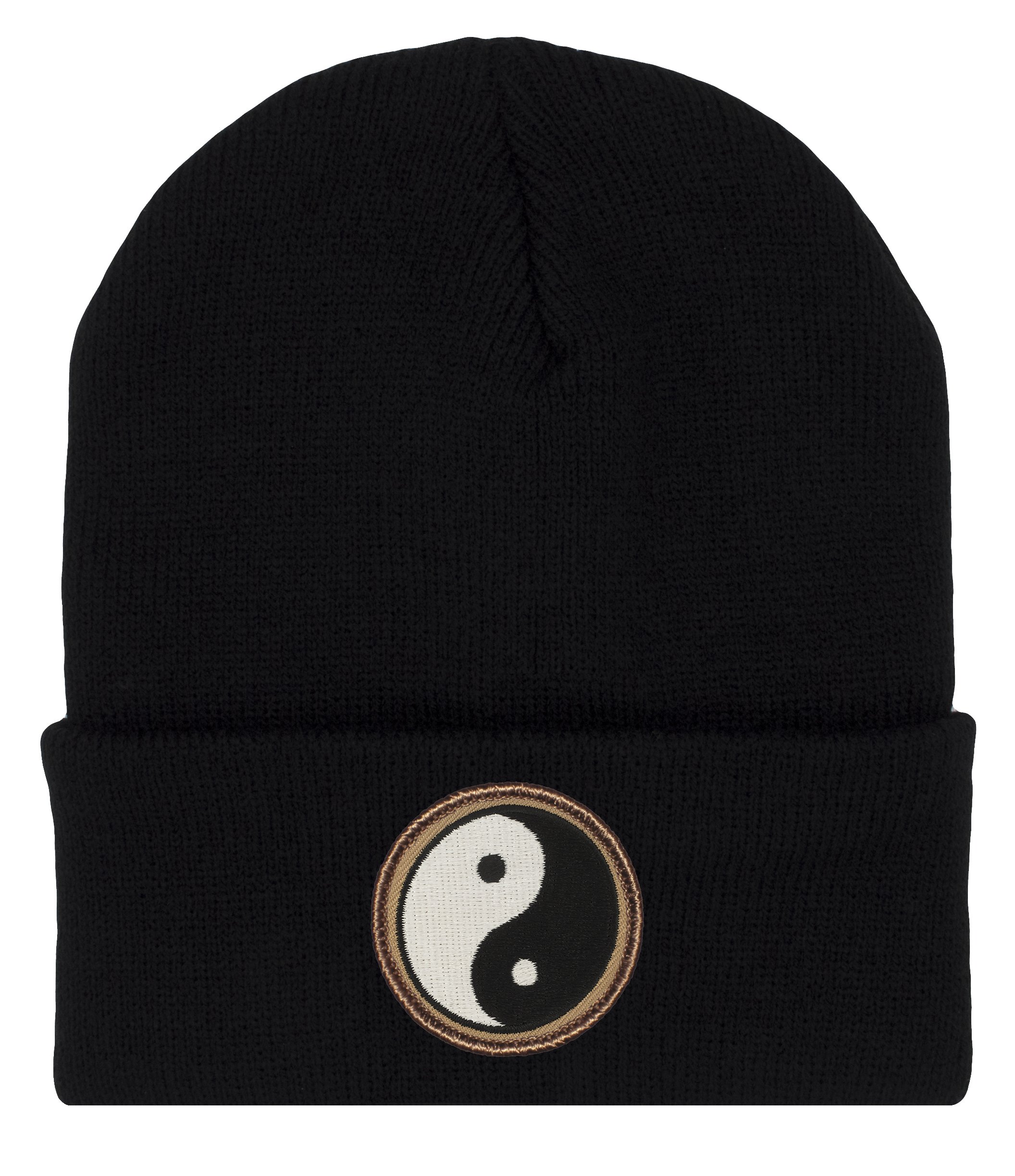 PATCHTOWN Yin Yang Beanie Hat - Cold Weather Toboggan Cap/Ski Cap with Embroidered Yin Yang Black