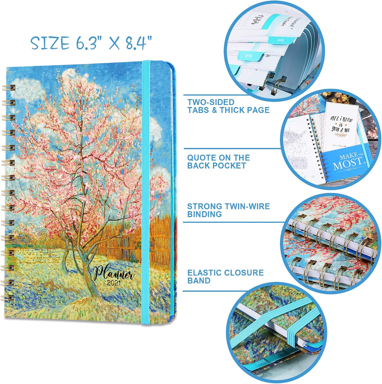 2021 Planner - Weekly & Monthly Planner with Tabs, 6.3" x 8.4", Hardcover with Thick Paper + Back Pocket + Banded, Twin-Wire Binding - Peach Tree