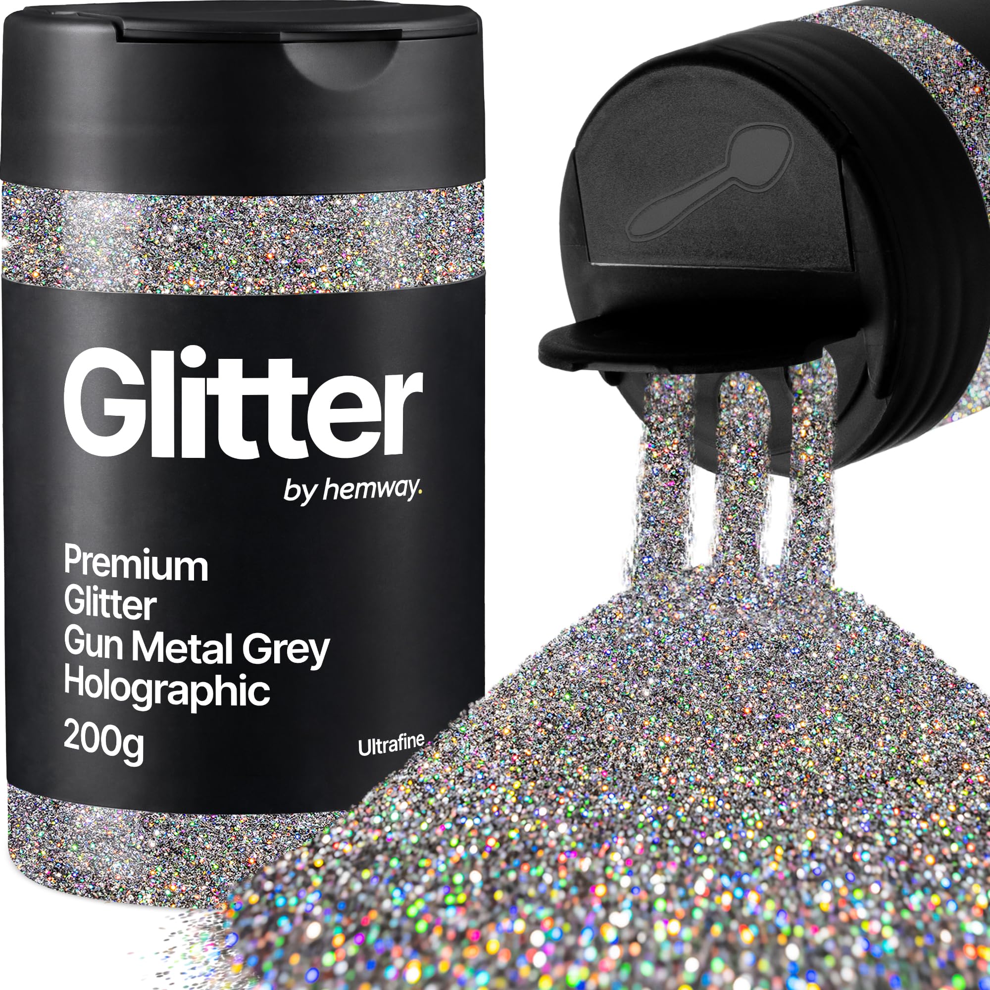 Hemway Gun Metal Grey Holographic Glitter Shaker, 200g Ultrafine Glitter for Crafts Metallic Flake Sequins for Resin & Epoxy Crafts for Decorating, Halloween, Christmas, Nail, Face, Art