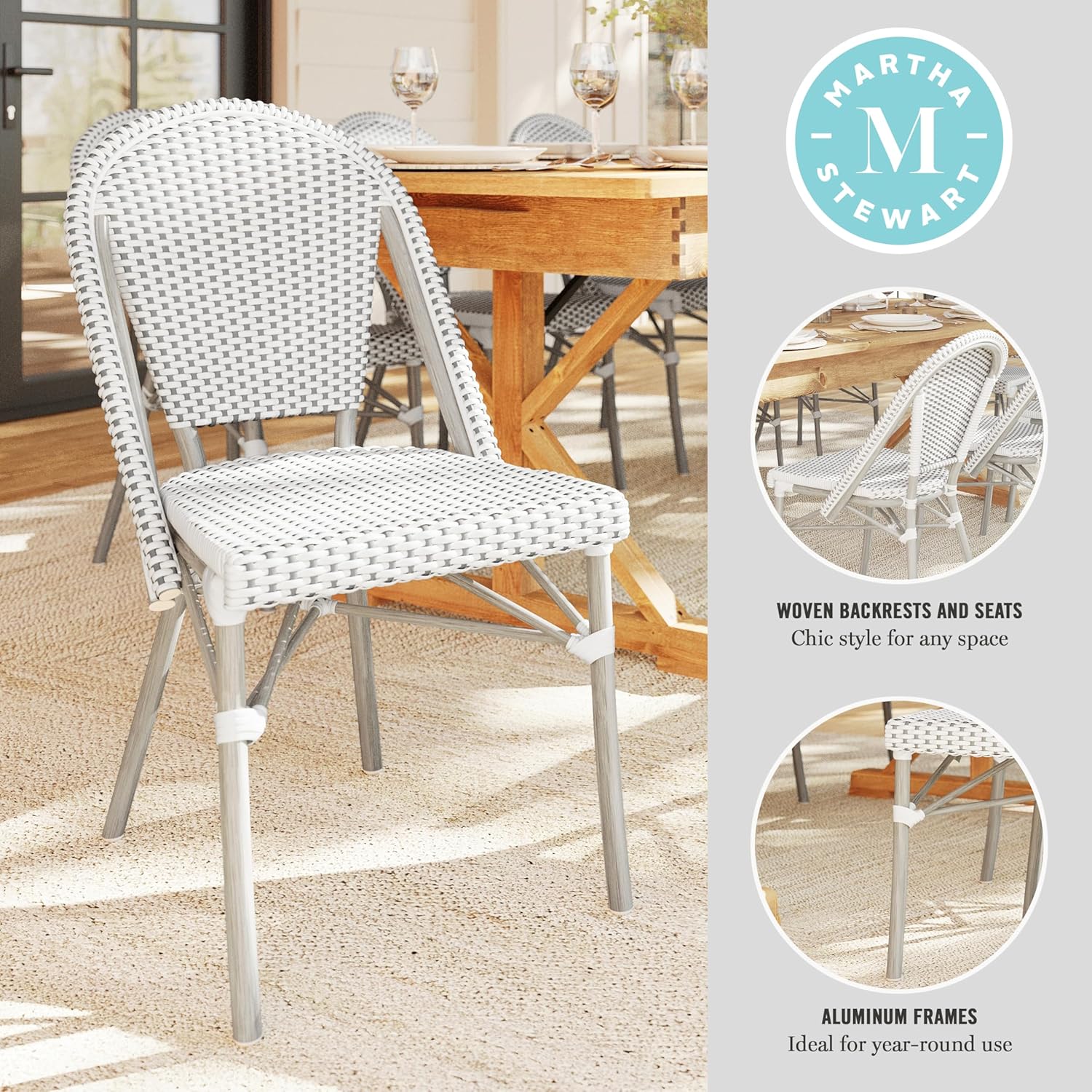 Martha Stewart Lily Pond Indoor-Outdoor Stackable Aluminum Bistro Chair with Gray Woodgrain Frame Finish and White/Gray Woven Rattan Backrest and Seat