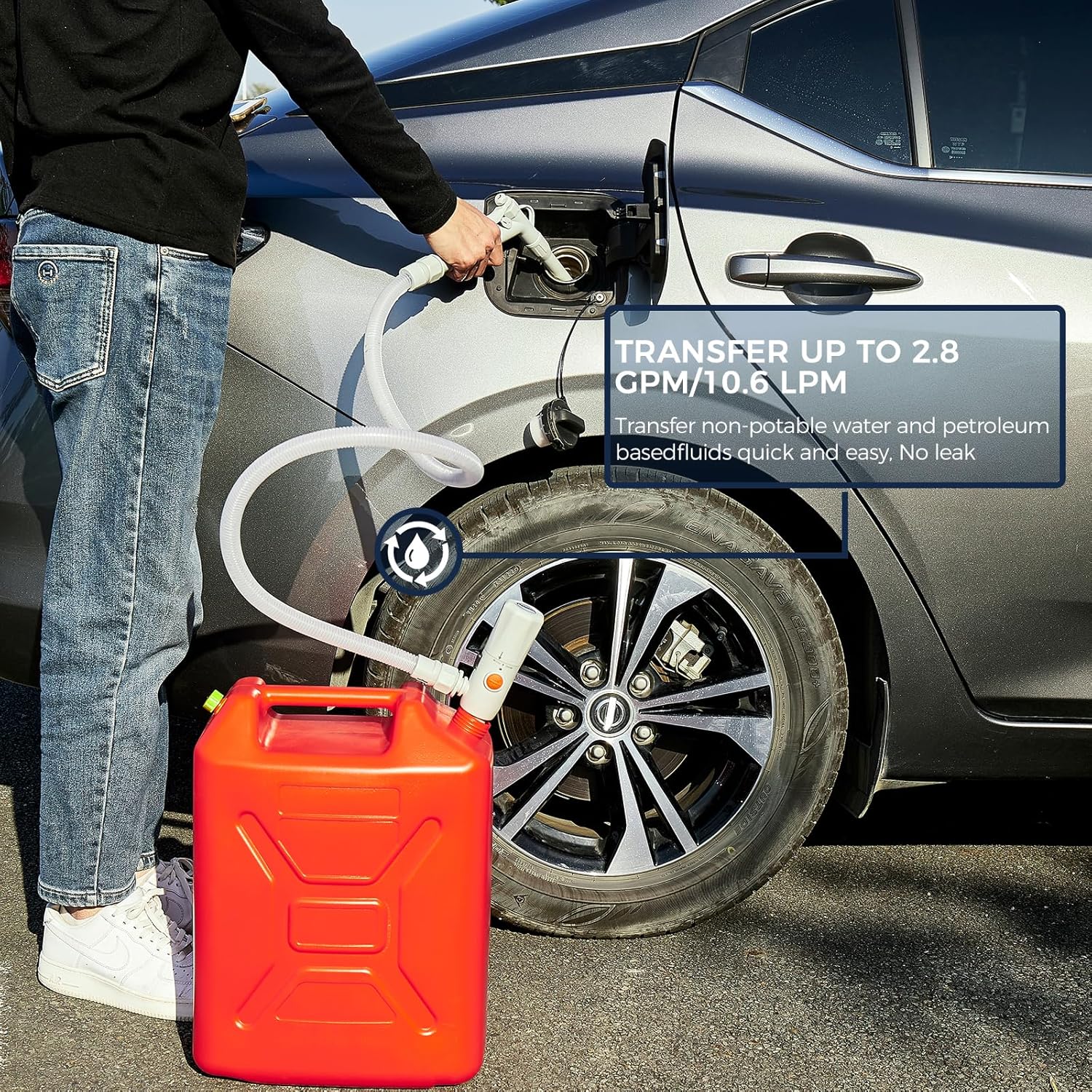 Portable Battery Powered Gas Transfer Pump, 2.8GPM Fuel Transfer Pump with Hand Nozzle for Quick Stop Flow Control USB or Battery Powered Automatic Transfer Pump for Gas, Fuel, Diesel, Water Transfer