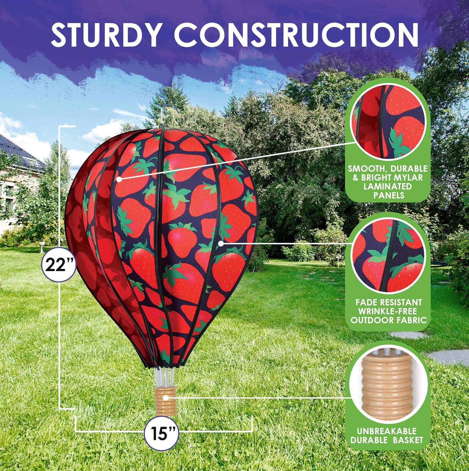 Hot Air Balloon Hanging Garden Spinner 22" - Vibrant Strawberry Design, Weather-Resistant Outdoor Decor, Durable & Lightweight for Patios, Yards, and Gardens - Eye-Catching Wind Spinner