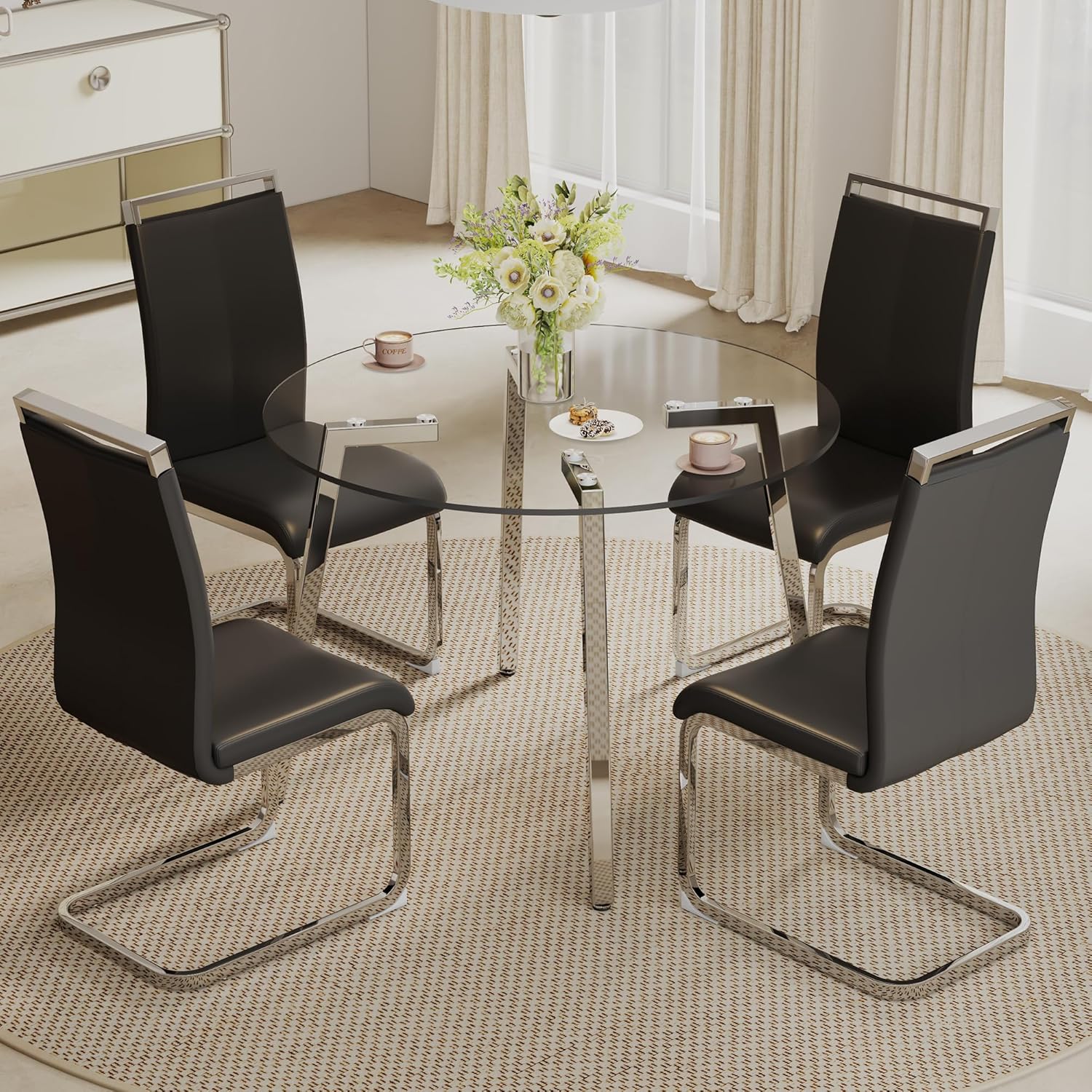 Amazon.com - MEMUY 42”Round Dining Table Set for 4,Tempered Glass Top ...