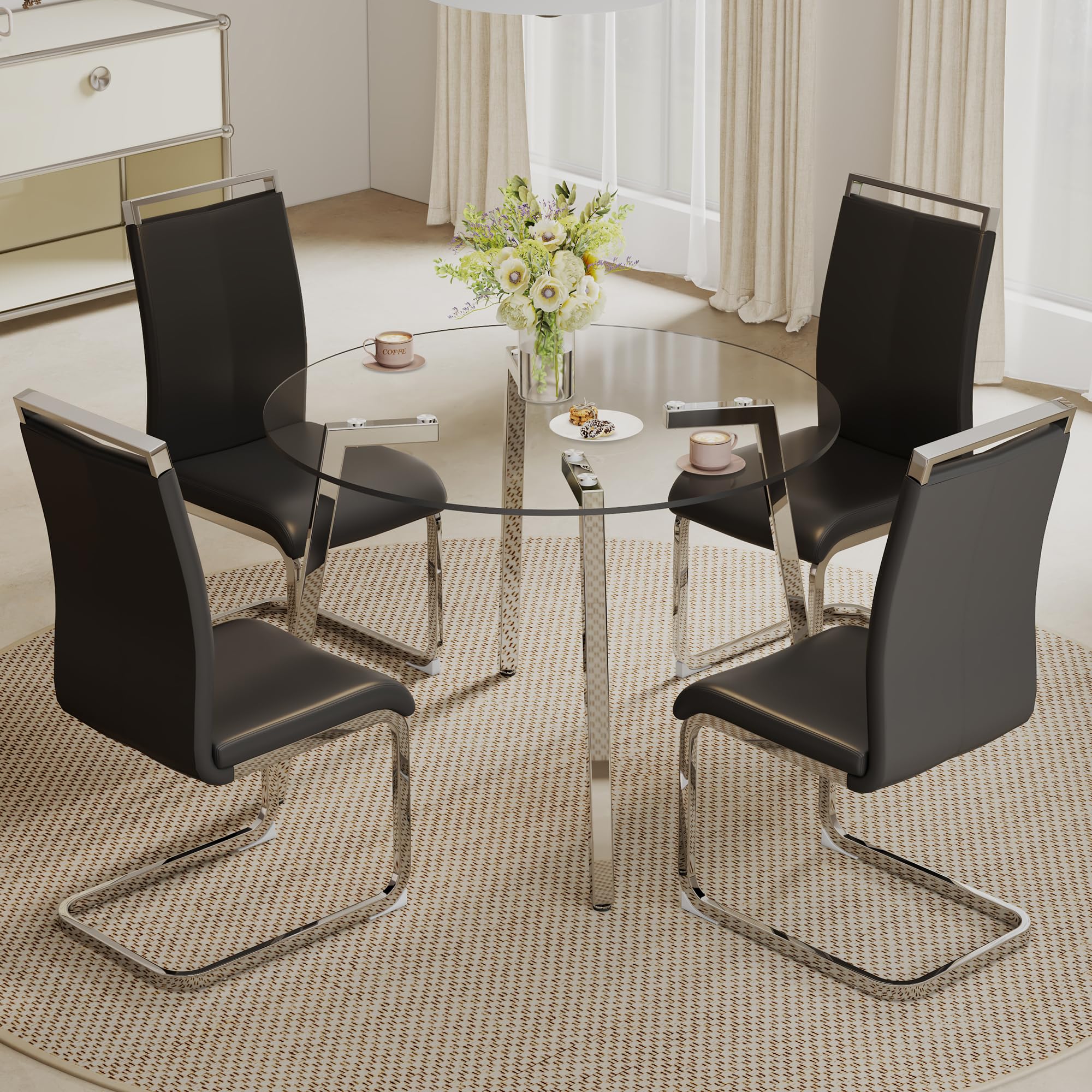MEMUY 42”Round Dining Table Set for 4,Tempered Glass Top with Chrome Silver Legs,Small Kitchen Room Table Set with 4 Black Armless Chairs,Space-Saving