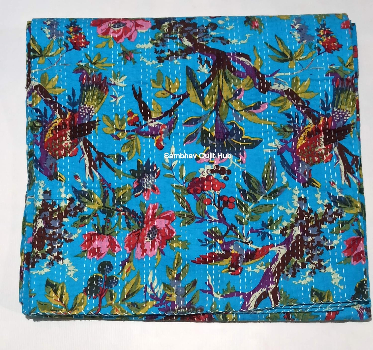 Turquoise Boho Floral Bird Kantha Quilt Reversible Kantha Bedding Quilt Bedspread Blanket Hippie Bohemian Kantha Quilting King/Queen Home Decor Bird Kantha Quilt with 2 Pillow (60X90 inches)
