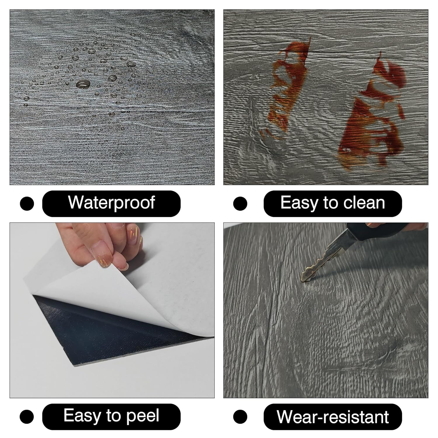 KASARO 15-Sheet Peel and Stick Floor Tile, Hexagon PVC Self Adhesive Decorative Tile for Bathroom Bedroom Kitchen Living Room, 0.12in Thickness Faux Wood Floor, 9" x 7.87",, Dark Grey