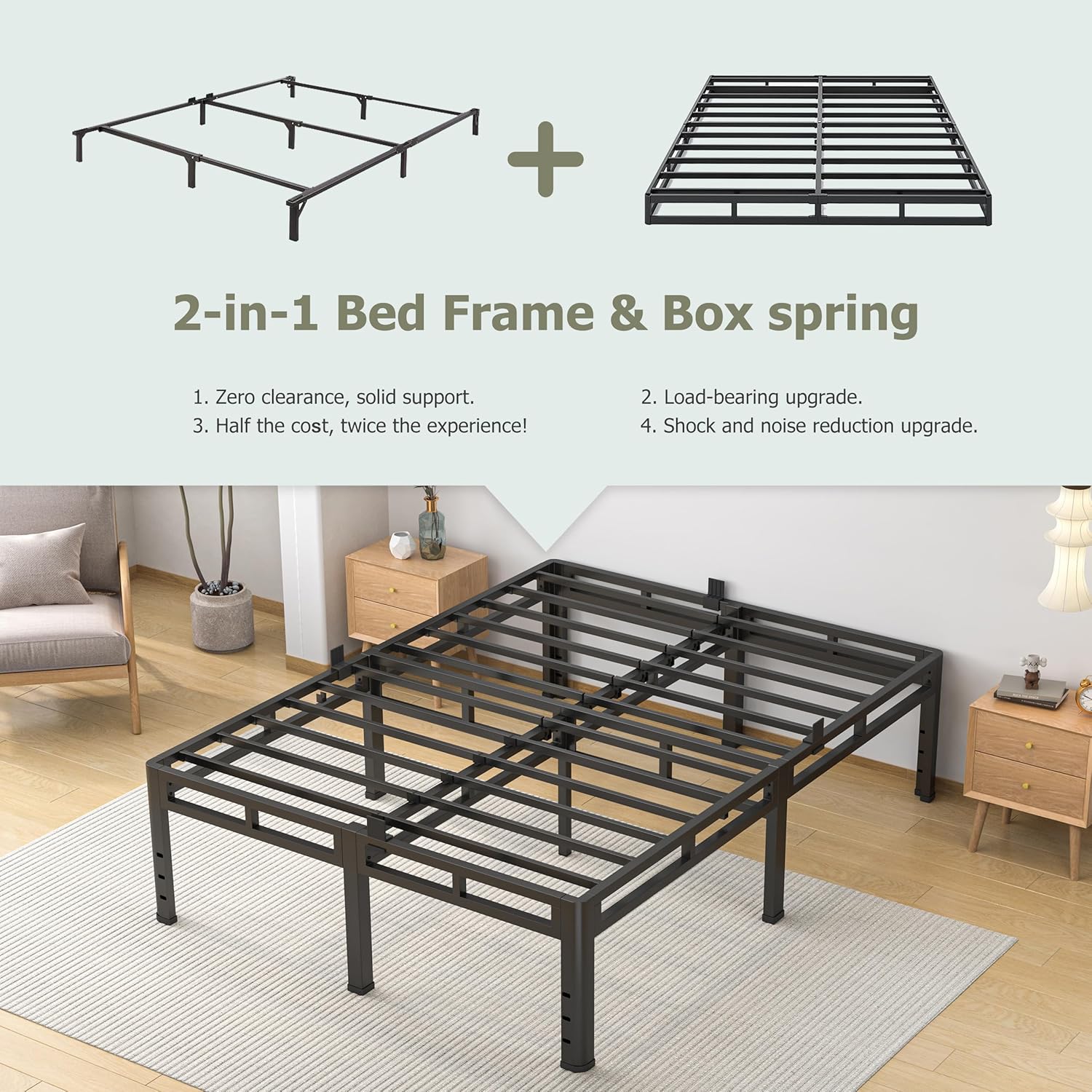 NKZ Queen Size Bed Frame 20 Inch, Metal Bed Frame & Box Spring 2 in 1 Platform with Round Corner Legs, 4000lbs Weight Capacity Reinforced Metal Frame, Headboard Hole, Noise-Free, Easy Assembly