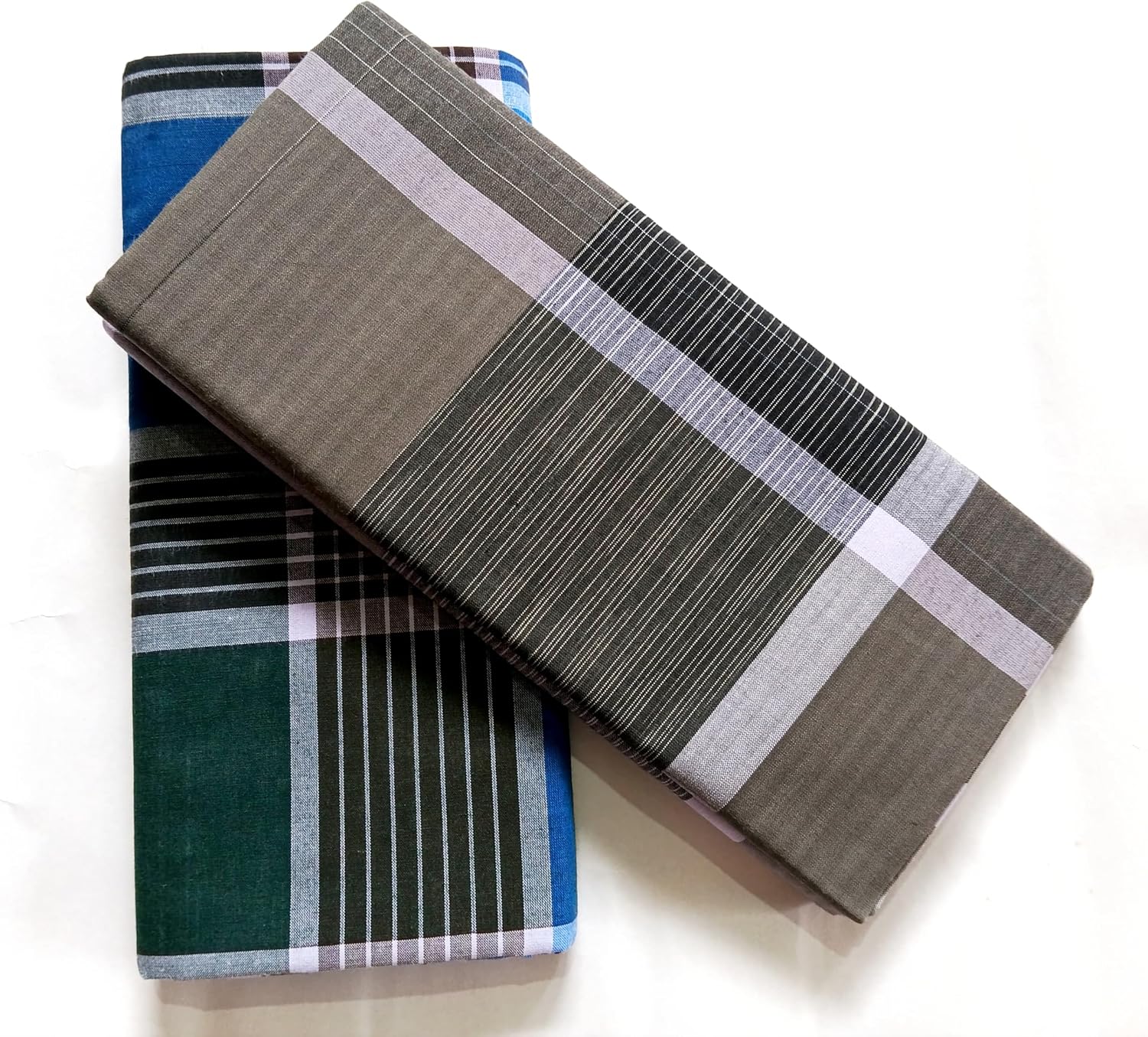 Premium Cotton Stitched Handloom Lungi, Traditional Chennai Style, 2.10 Meters, Blue Striped, Pack of 2