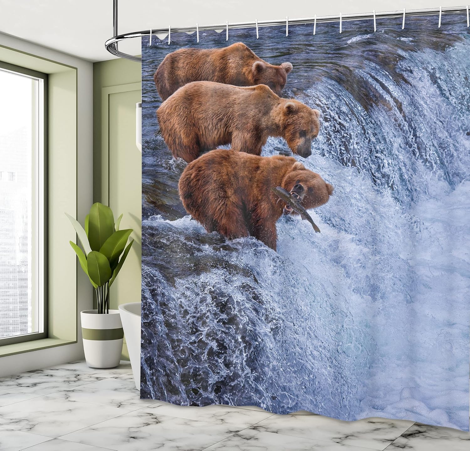 Ambesonne Africa Shower Curtain, Grizzly Bears Fishing in The River Waterfalls Cascade in Alaska Nature Camp View, Cloth Fabric Bathroom Decor Set with Hooks, 69" W x 75" L, Brown White 69" W x 75" L Brown White