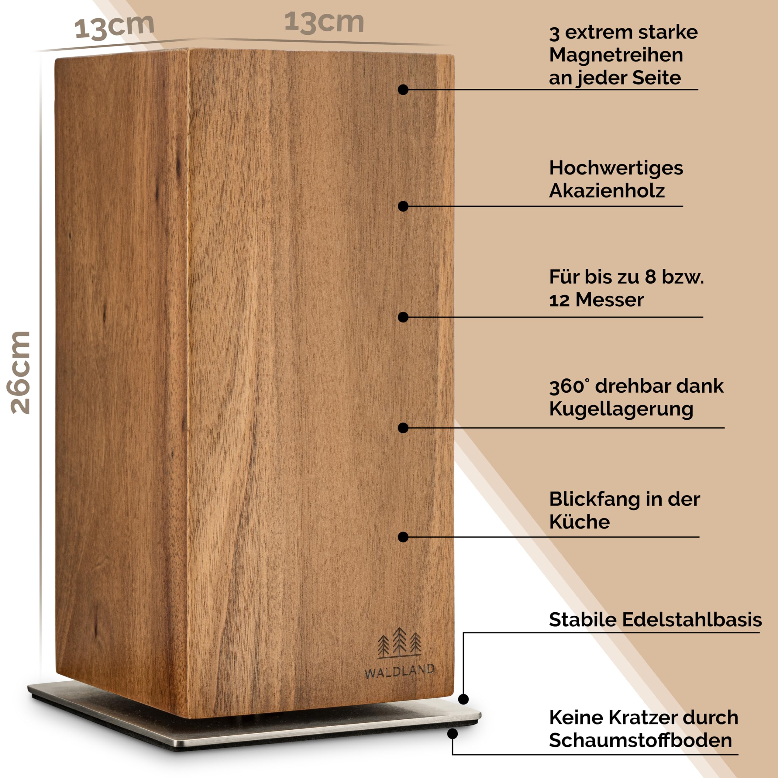 WALDLAND Bloc à couteaux de qualité supérieure sans couteau,Bloc à couteaux magnétique et rotatif à 360°,En bois d'acacia élégant et robuste,Bloc en bois,Organiseur de cuisine