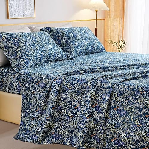 Miniatura 2 de QSH 100% Sábanas de algodón para cama tamaño Queen - Estampado floral azul de plantas patrón botánico lujoso de algodón estampado floral ropa de