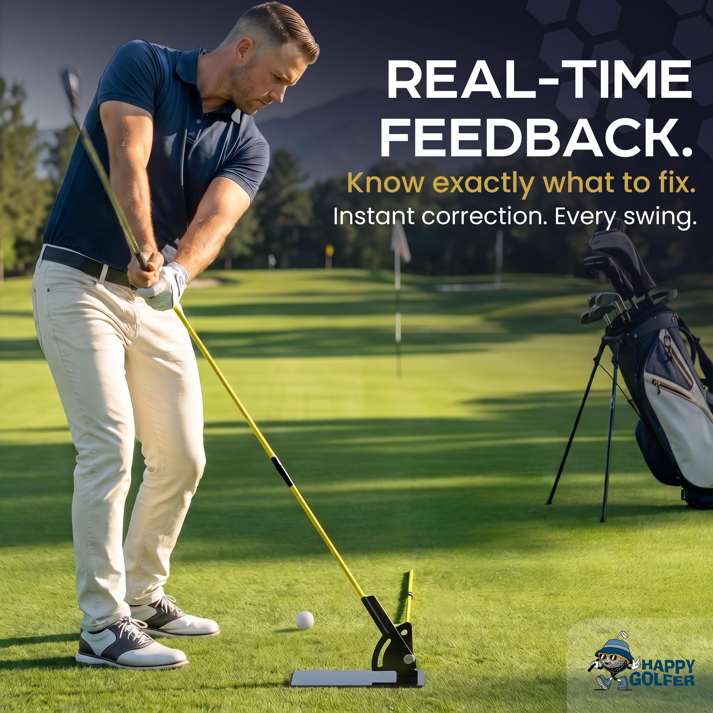Happy Golfer Golfschwungtrainer für Schwungflugzeug & Ausrichtung | Platte mit zwei Ausrichtungsstäben | Zur Perfektionierung Ihres Golfschwungs mit mehreren Trainingsbohrern | Golf-Übungshilfe