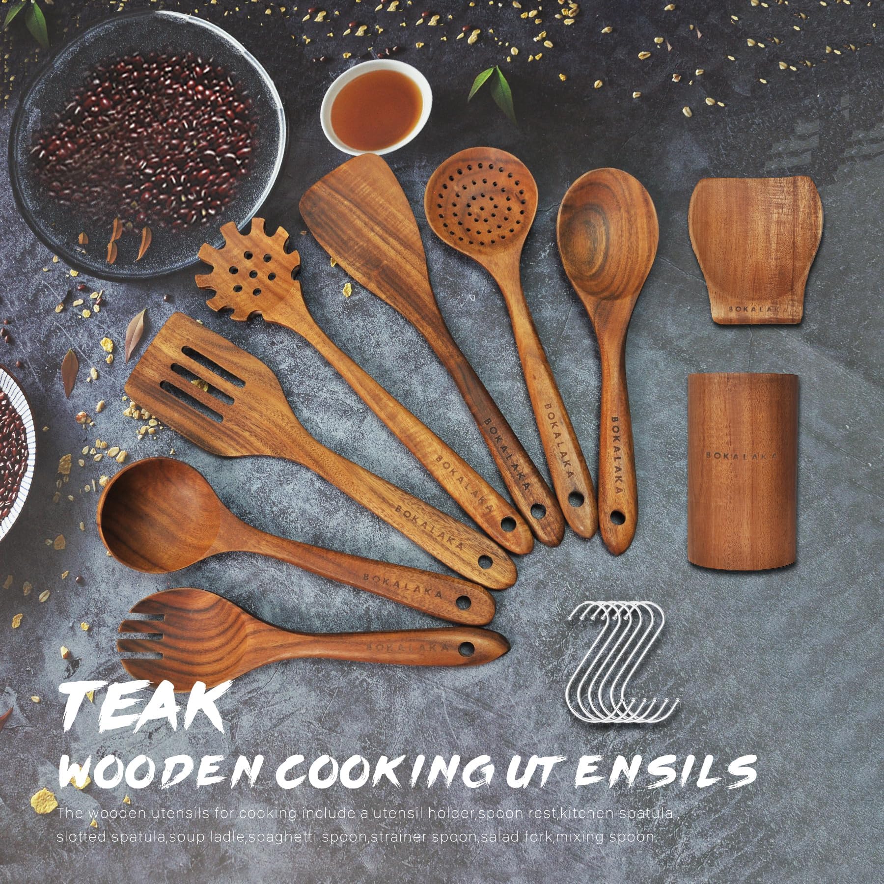 Cuchara de madera para cocinar, juego de utensilios de cocina de 9 piezas, utensilios de madera para cocinar, utensilios de cocina, espátula de madera