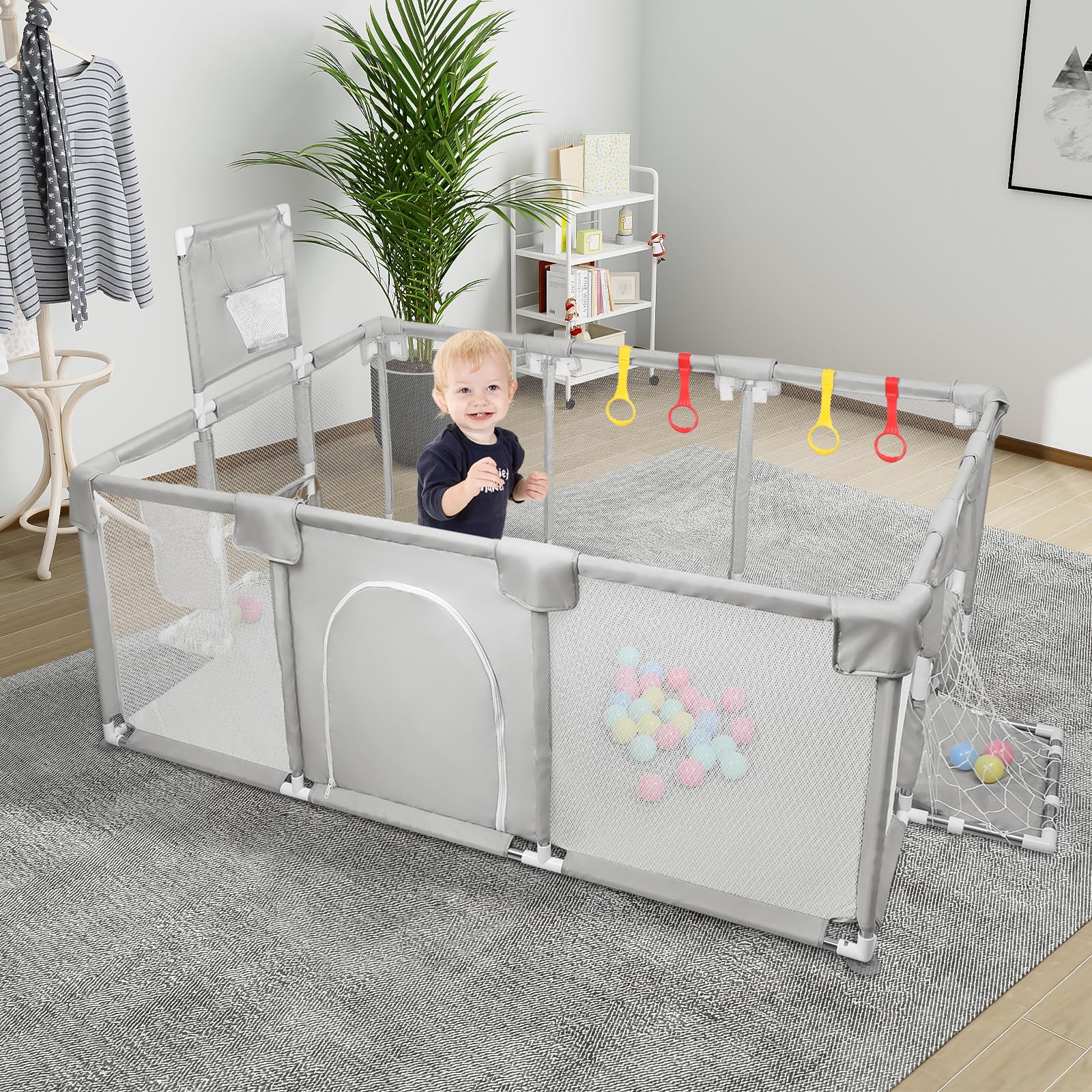 OHMG Parc Bébé,180x120cm,d'Activité pour Enfants avec Base,Modulable,Pliable,Grand parc pour enfant en bas âge Avec Porte Zippée,50 Balles,Basketball Rack,4 Ventouses (180 * 120 * 66cm-Gris clair)