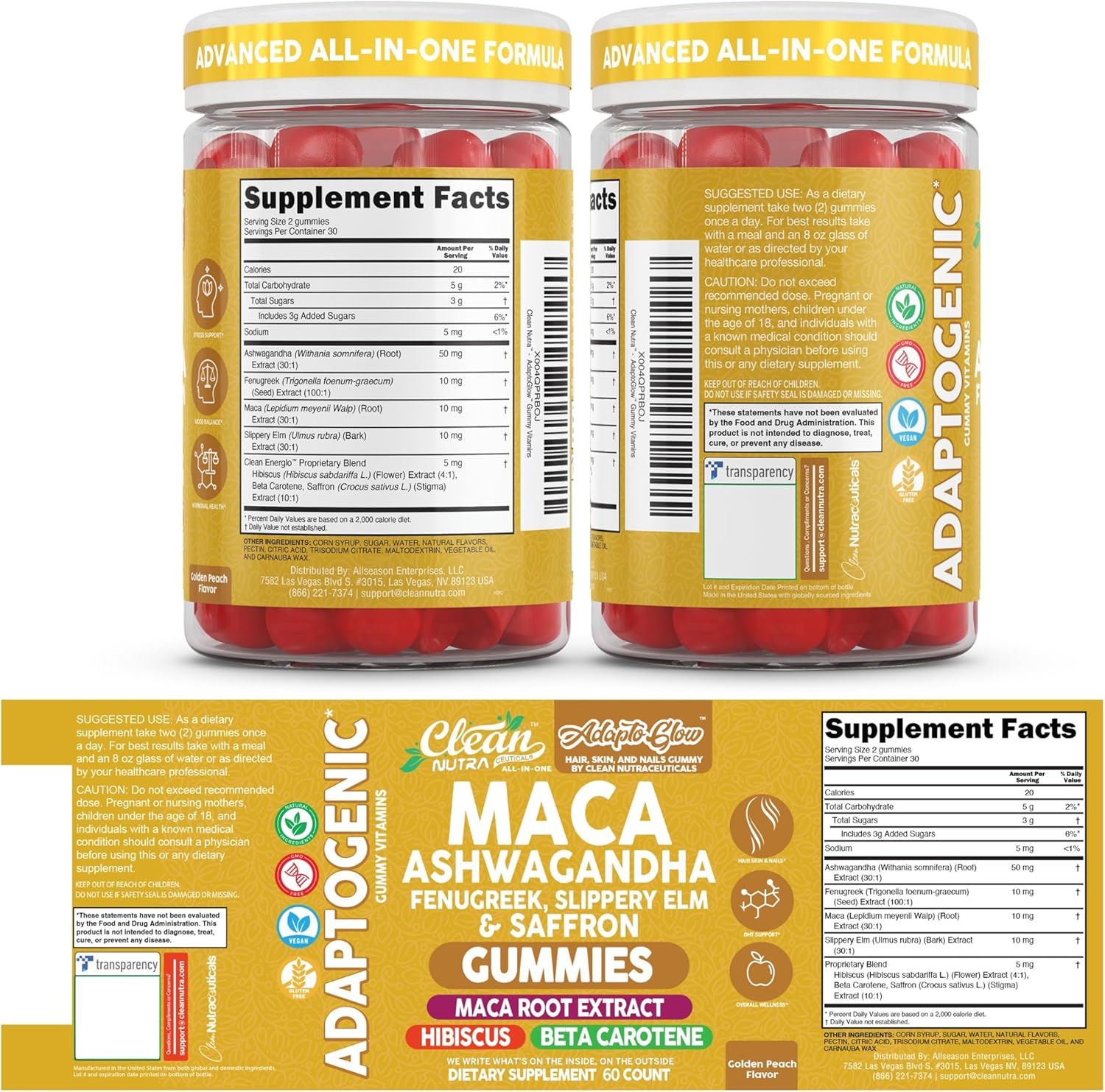 Clean Nutra Maca Root Gummies Ashwagandha Fenugreek Slippery Elm Saffron Hibiscus Beta Carotene Vitamin A for Women Macaroot Extract 60 Gummies Vegan Adaptogen Supplement Gummy Non GMO - Image 9