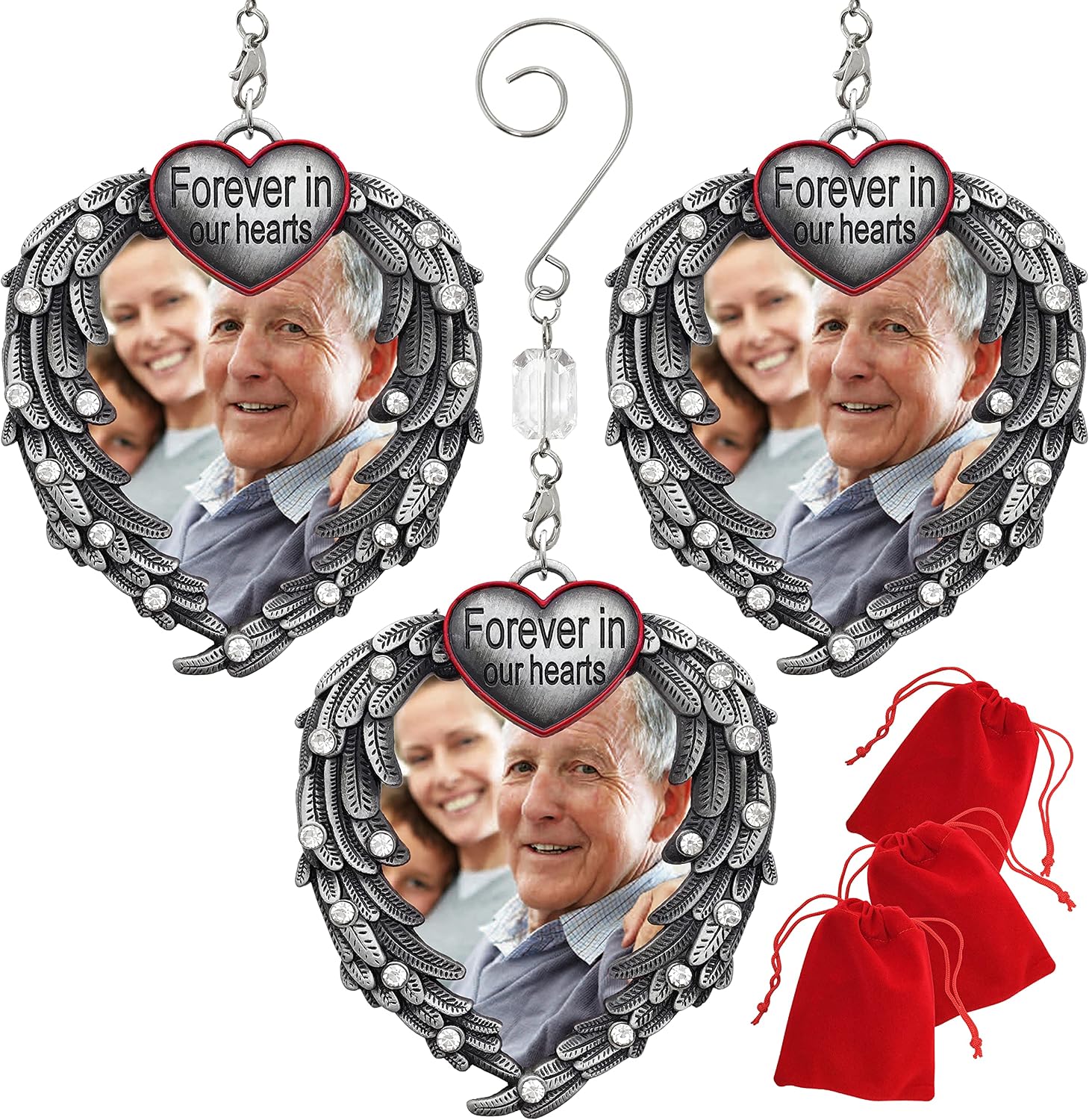 Forever in Our Hearts Christmas Photo Ornament - Silver Heart with Heart Shaped Angel Wings - Hanging Memorial Ornament - in Memory Christmas Ornaments - 3 Pack - Gift/Storage Bag Included