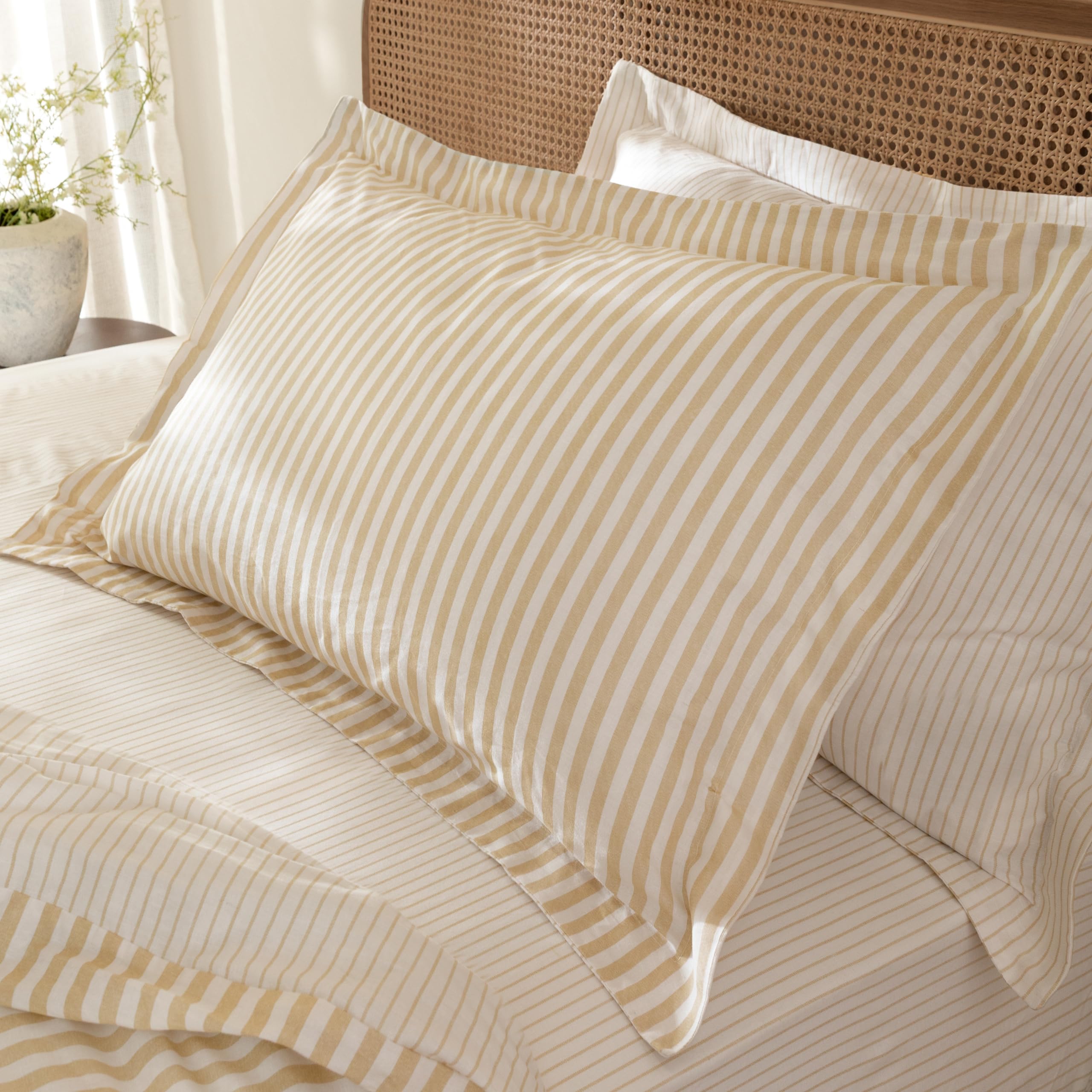 furn. Yard Hebden Mélange Stripe 100% Cotton Pillowcase Pair – Soft Textured Striped Design (Honey Yellow – 50x75cm) — image 1