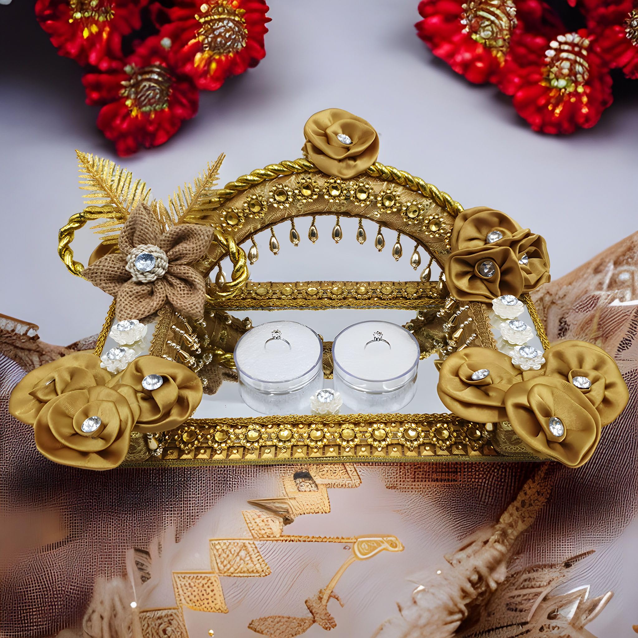 Golden Floral Ring Tray with Stand | Engagement Ceremony Decor with Pearl Detailing-image-37