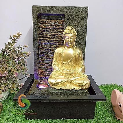 DECORION Buddha Decorative Table Top Water Fountain for Home D cor/Indoor/Garden/Vaastu with Multicolor LED and Water Pump