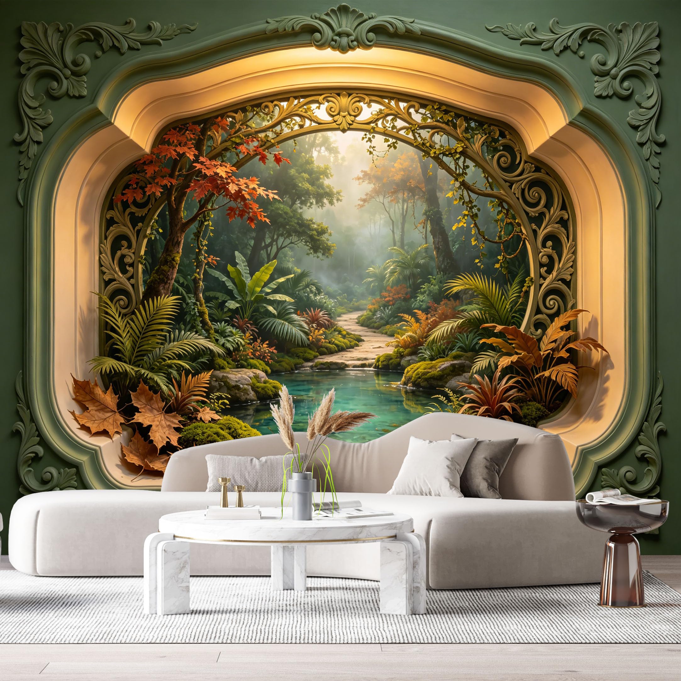 Custom Size Wall Murals Autumn Tropical Pond Path 3D Trompe L'Oeil SelfAdhesiveWall Fabric Removable Wallpaper Wall Decor for Living Room Bedroom Bathroom