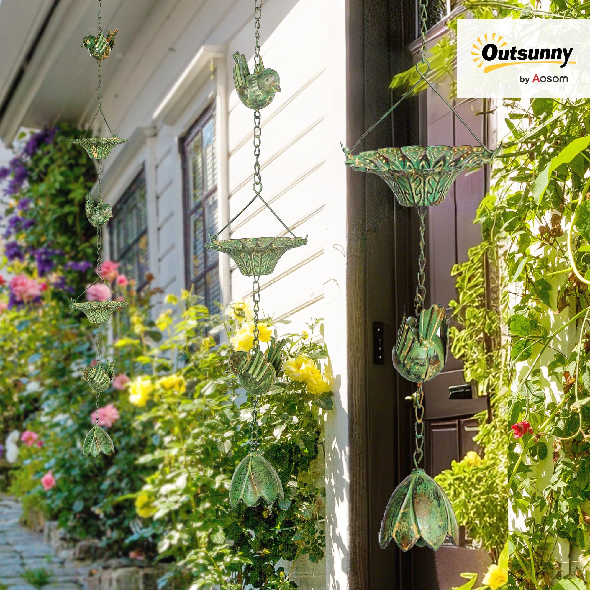 Outsunny Zestaw 3 łańcuchów przeciwdeszczowych 123 cm z metalu z zamocowaną zawieszką | Łańcuch spustowy deszczówki, łańcuch odpływowy, łańcuch do rynien dachowych, łańcuch na wodę deszczową, do rynien dachowych