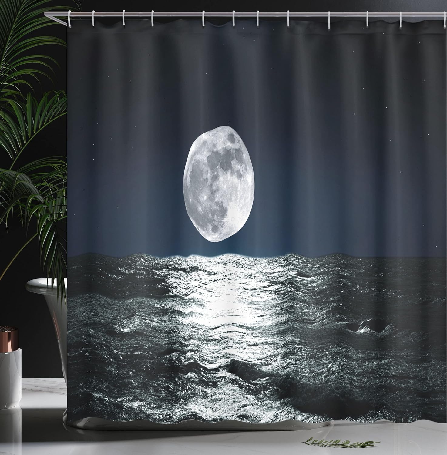 Ambesonne Moon Shower Curtain, Big Moon and Its Reflection on The Sea Open Sky Ethereal Drawing Style, Cloth Fabric Bathroom Decor Set with Hooks, 69" W x 84" L, Dark Blue