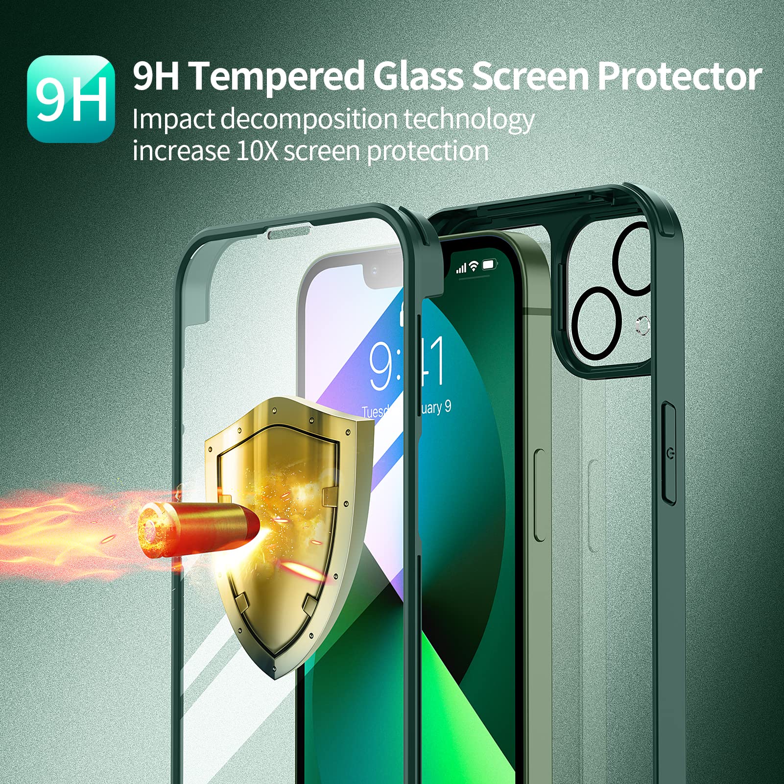 seacosmo Cover per iPhone 13, [9H HD] Integrata Vetro Temperato Schermo e Pellicola Fotocamera 360 Gradi Antiurto Custodia, Rugged Protezione Slim Case per iPhone 13, Verde