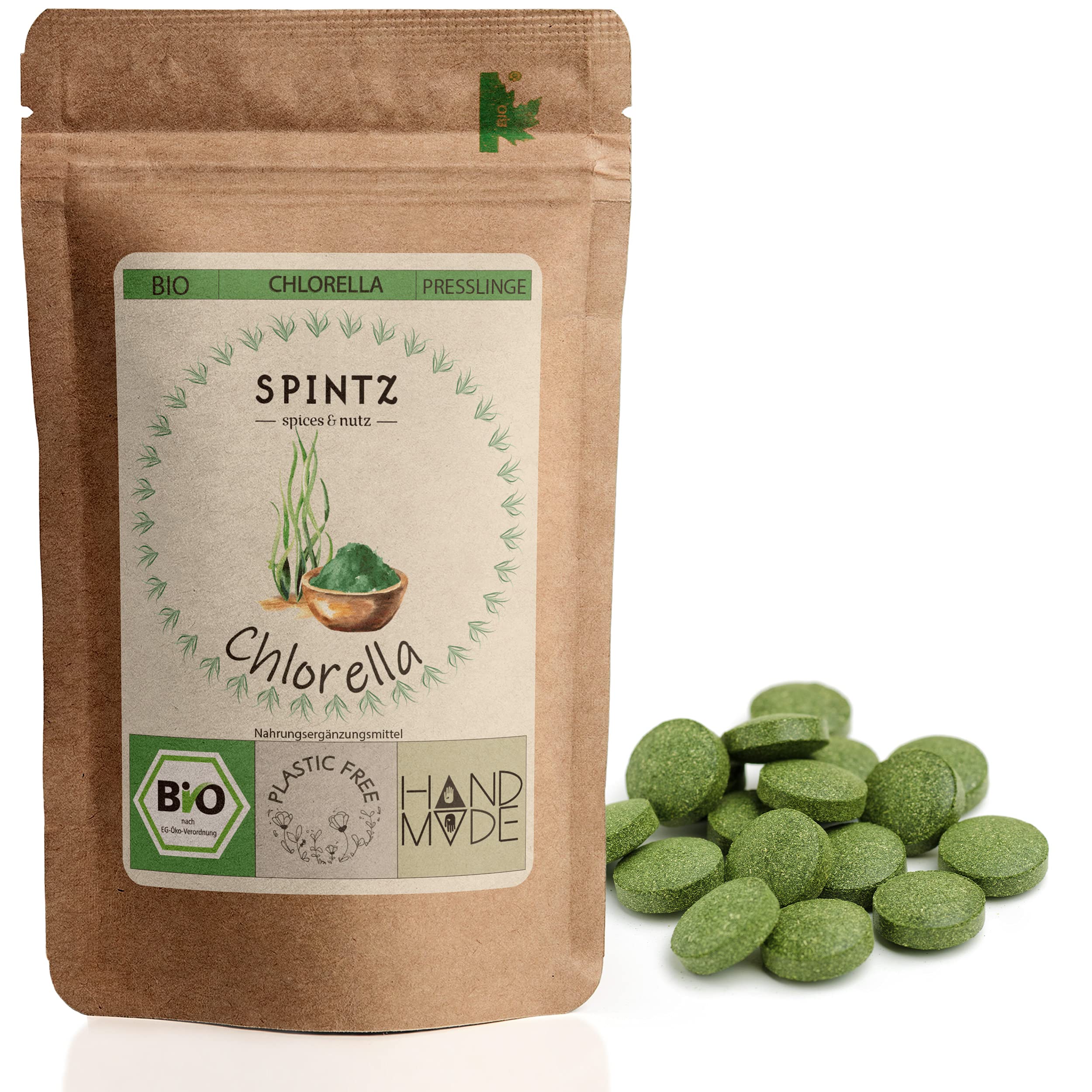 SPINTZ® 1000 Stk. Bio Chlorella Bio Presslinge 100% kontrolliert biologischer Anbau | Vegane Chlorella Tabletten 500mg/Tab | Plastikfrei und nachhaltig verpackte Chlorella Tabletten