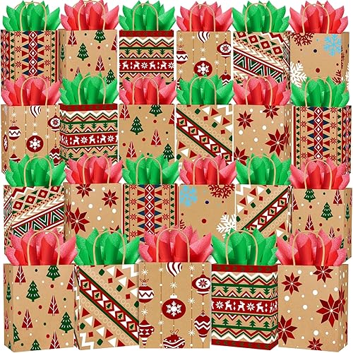 DIYDEC 24 bolsas de regalo de Navidad de papel de estraza de 8 estilos, bolsas de papel de regalo de Navidad de tamaño mediano, bolsas de regalo de
