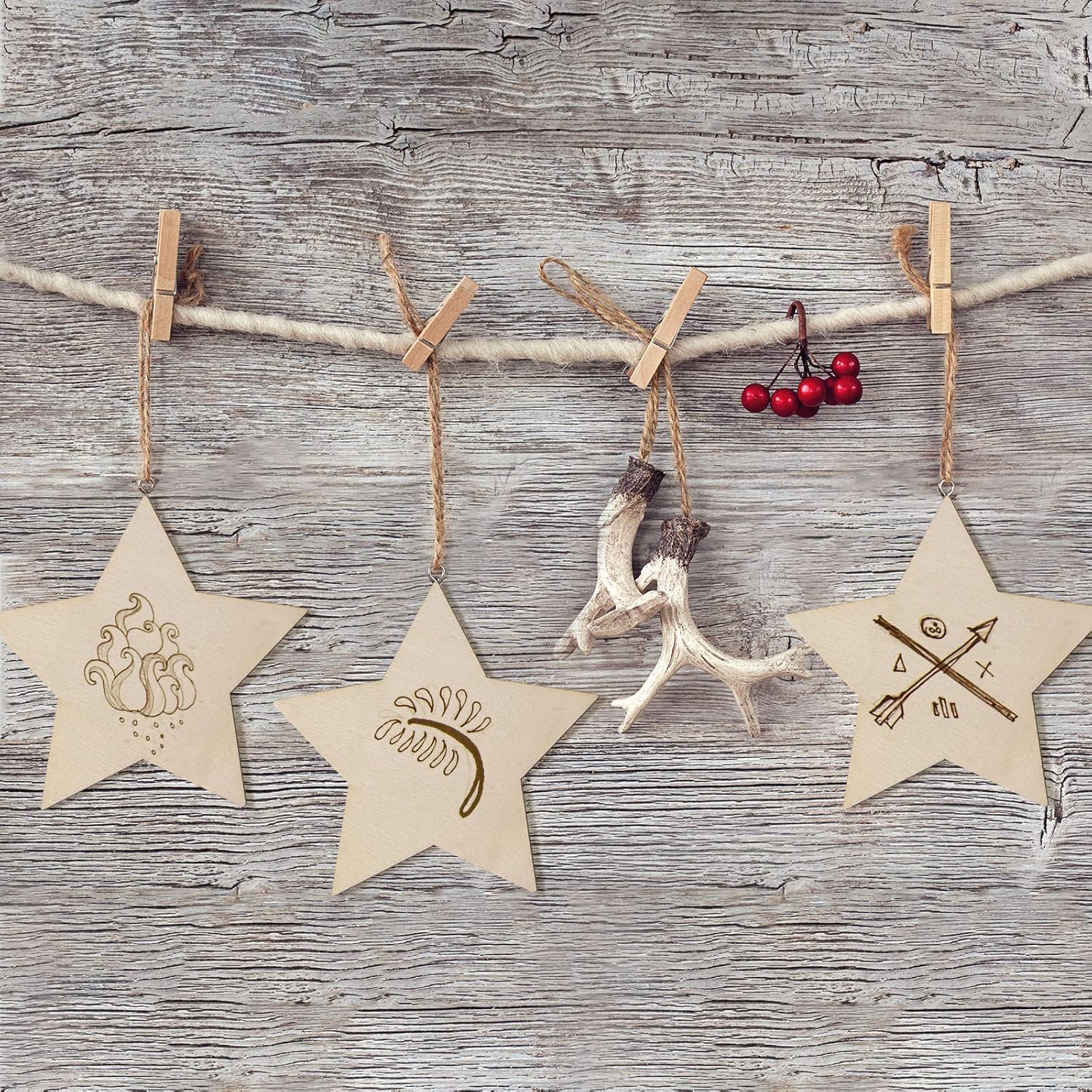60 Pieces 5 Inch Unfinished Wooden Star Blank Natural Wood Slices Wooden Cutout Tiles for DIY Crafts Home Decoration Painting Staining