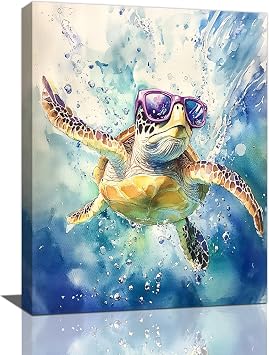 Sea Turtle Bathroom Decor Funny Turtle Ocean Bathroom Wall Art Sea Turtle Nautical Pictures Prints Turtles Gift Painting Sea Turtles Framed Artwork for Bedroom Living Room 12"x16"