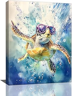 Sea Turtle Bathroom Decor Funny Turtle Ocean Bathroom Wall Art Sea Turtle Nautical Pictures Prints Turtles Gift Painting Sea Turtles Framed Artwork for Bedroom Living Room 12"x16"