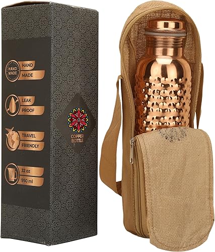Miniatura 2 de Botella de agua de cobre de 34 onzas con bolsa de transporte de yute, botella de cobre puro para gimnasio, yoga, frasco de cobre ayurvédico o Tumblr