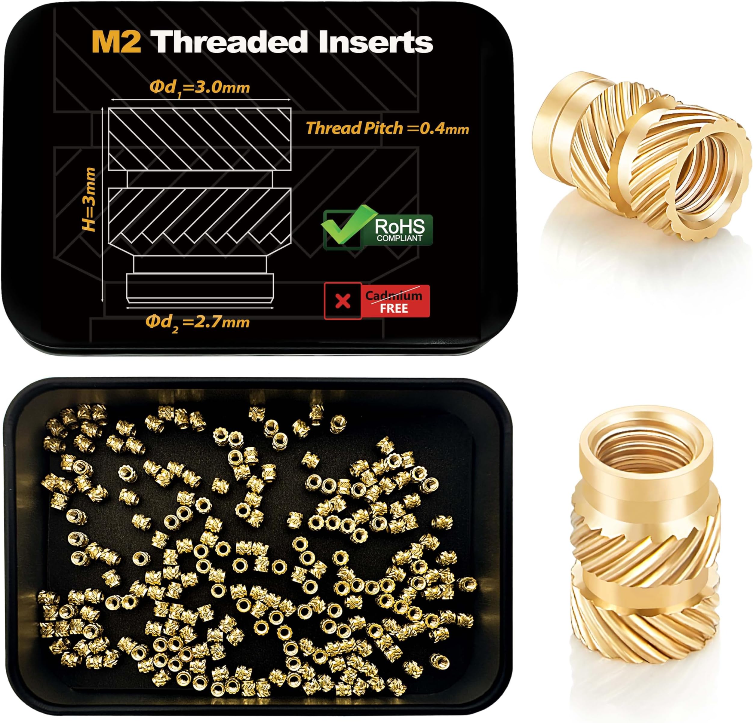 200Pcs M2 Threaded Inserts for 3D Printing Components,M2*3 * 3 Metric Brass Knurled Nuts, Insert by Heat into Plastic Parts