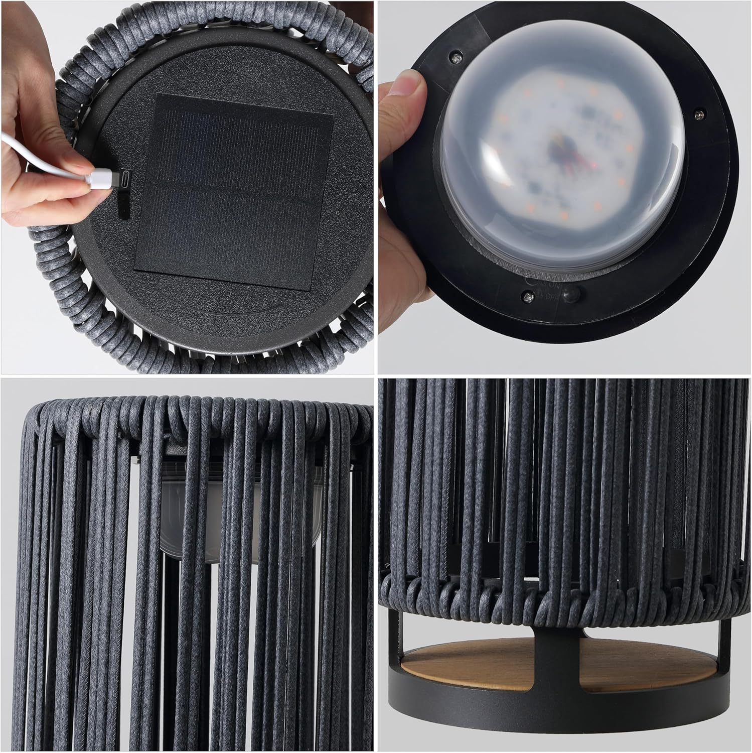 JONATHAN Y 12.5" Charcoal/Black Modern LED Solar Powered Outdoor Lantern, 8.5" x 13" with Faux Rattan Shade, USB-C Rechargeable Cordless Light for Patio Deck Porch Garden JYL2602A