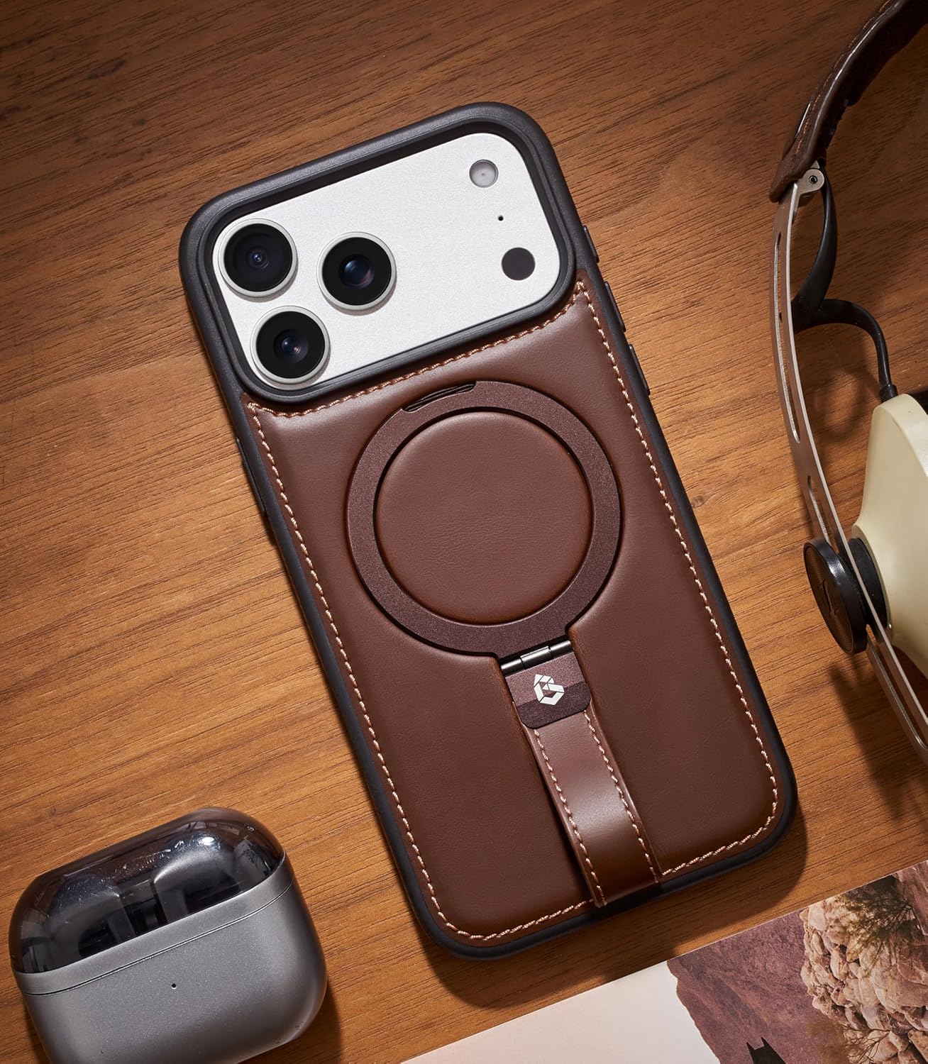 for iPhone 17 Pro Leather Case with Stand, Anti-Slip Grip Ring, Fits for MagSafe (Cocoa, IP17 Pro-6.3inch) - Image 5