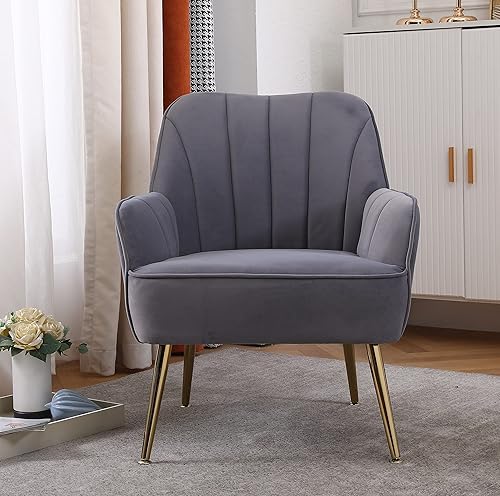 Miniatura 10 de SSLine Silla decorativa de terciopelo, moderna silla tapizada con patas de metal dorado, acolchada gruesa, silla de invitados, silla de tocador,