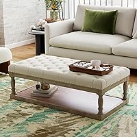 SwemDec 48" Ivory Linen Storage Ottoman Coffee Table - Tufted Upholstered Bench w/ Wood Shelf, 250lbs Capacity for Living Room