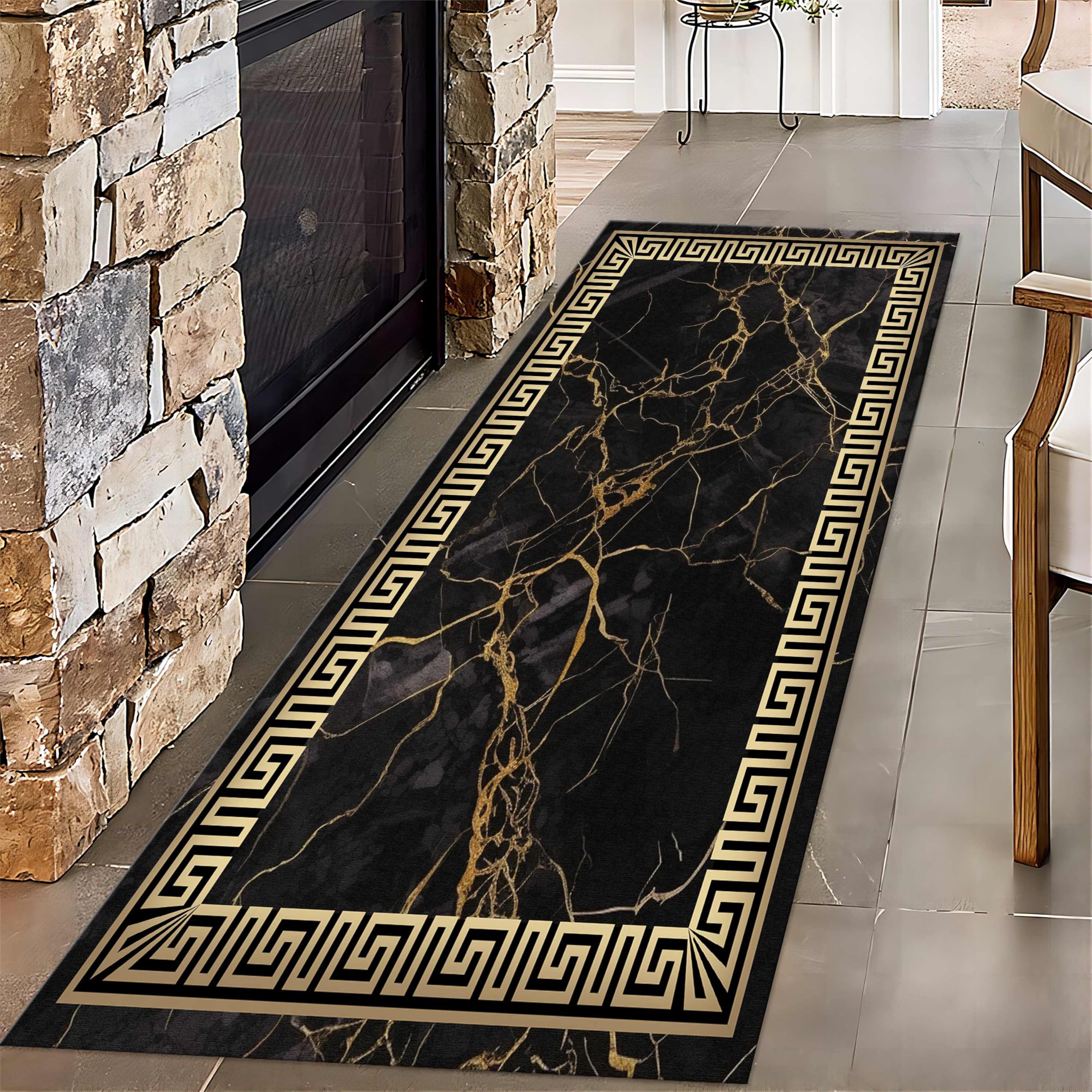 Black Gold Marble Texture Entryway Carpet, 2x10ft, Greek Key Geometric Design Bedroom Rug, Abstract Gold Crack Breathable Floor Rugs, No Crease