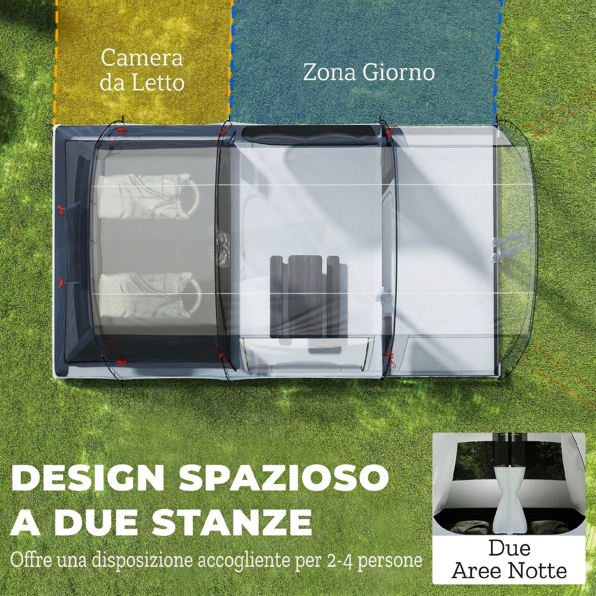 Outsunny Tenda Campeggio a Tunnel per 2-4 Persone Alta 210cm con 2 Stanze, Tenda da Campeggio Familiare Impermeabile 3000mm con 3 Porte, 6 Finestre, Gancio, Borsa Trasporto, per Trekking, Blu Navy