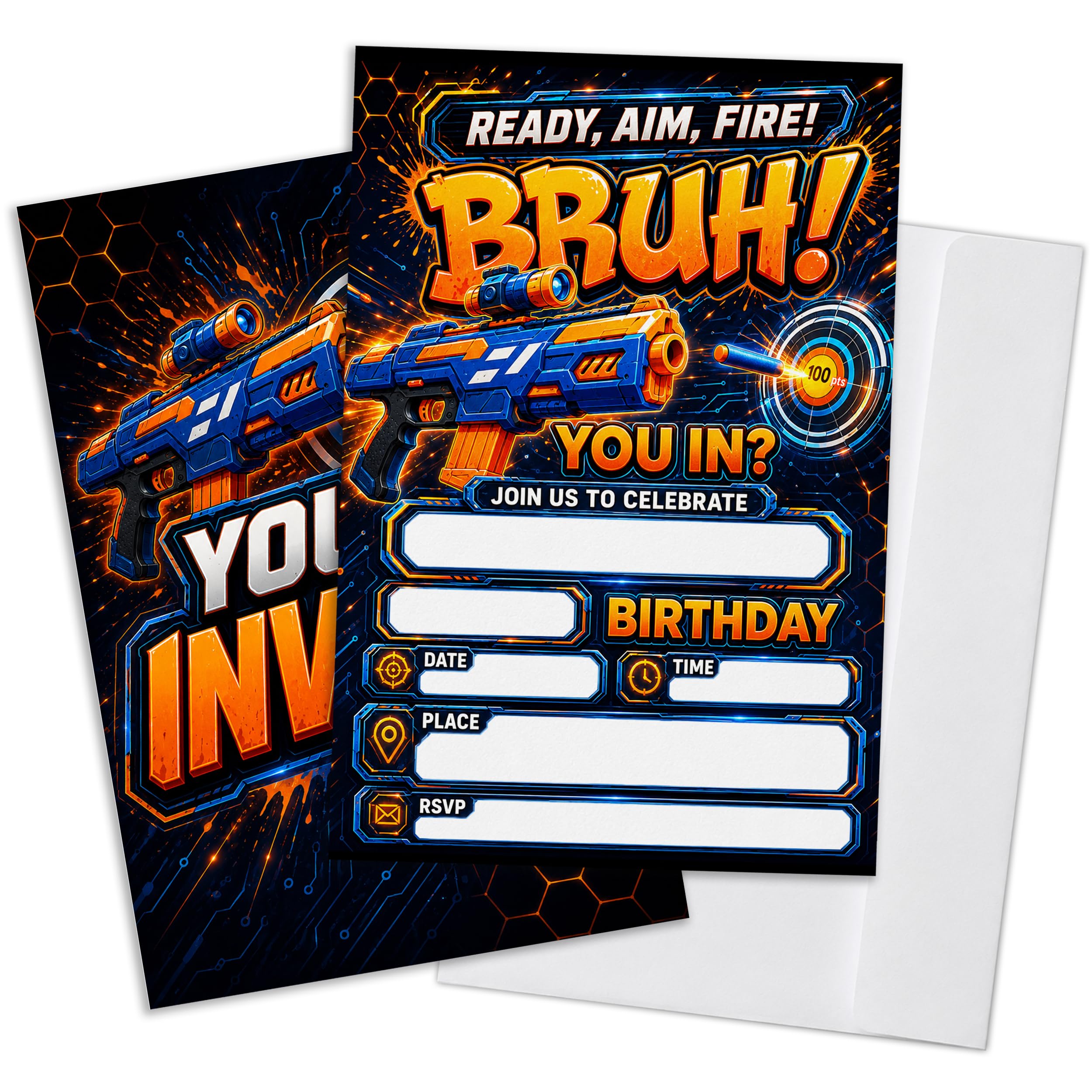 Qoamp Dart War Bruh Boys Birthday Invitations, Nerf Gun Battle Theme Birthday Party Invitations for Boys, Set of 20 Invites Cards Fill in Blank with Envelopes, Double Sided, 4x6 Inches